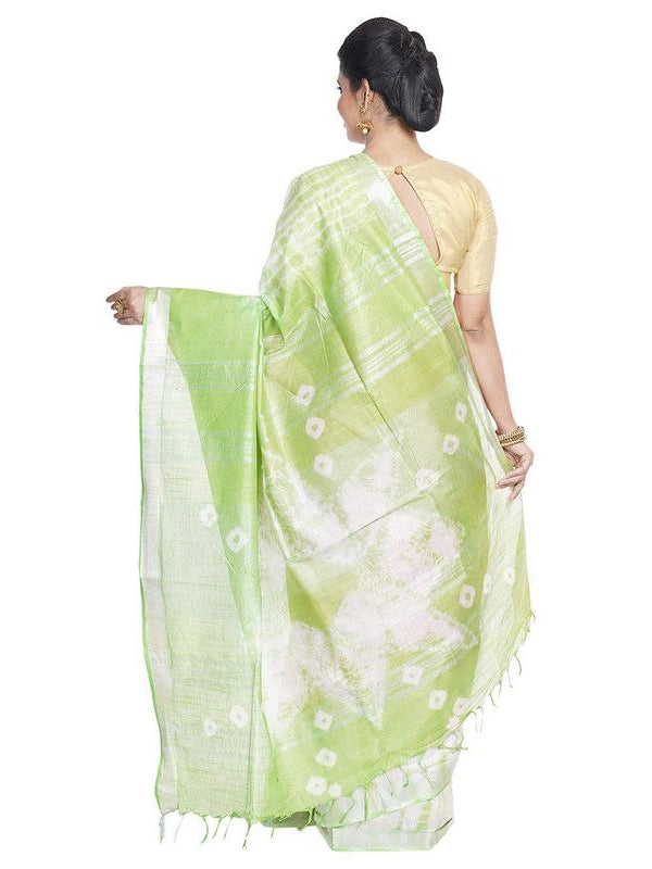Red & Light Green women's Bhagalpuri Handloom Cotton Linen Slub Blend Tie Two Dye (Sibory Two Dye) Saree With Running Unstitched Blouse Piece - View 4