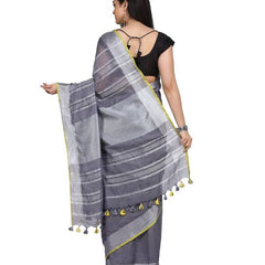 Linen Cotton Blend Contrast Handloom Bhagalpuri Saree (Grey-Yellow) - View 3