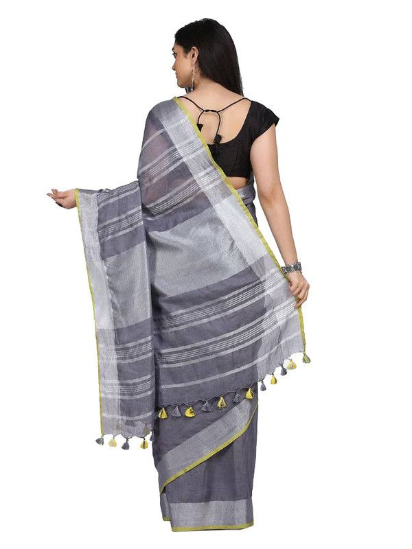 Linen Cotton Blend Contrast Handloom Bhagalpuri Saree (Grey-Yellow) - View 3