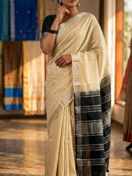 Elegant Linen Cotton Blend Saree for WDS | Cream Saree with Contrast Woven Pallu & Silver Zari Border | Traditional Ethnic Wear - View 5