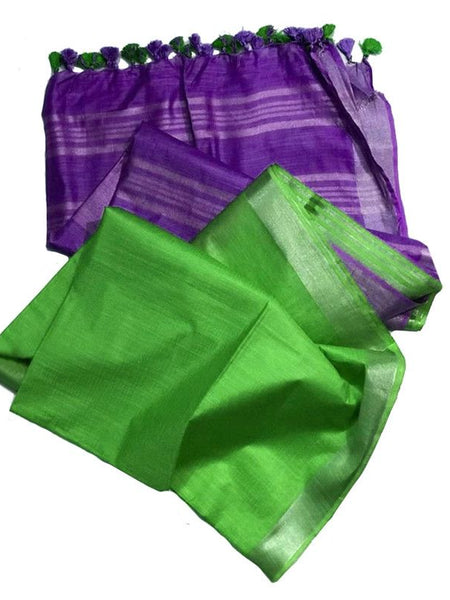 French Violet & Kelly Green women's Ethnic Wear Bhagalpuri Handloom Linen Blend Two Dye Saree With Running Unstitched Blouse Piece