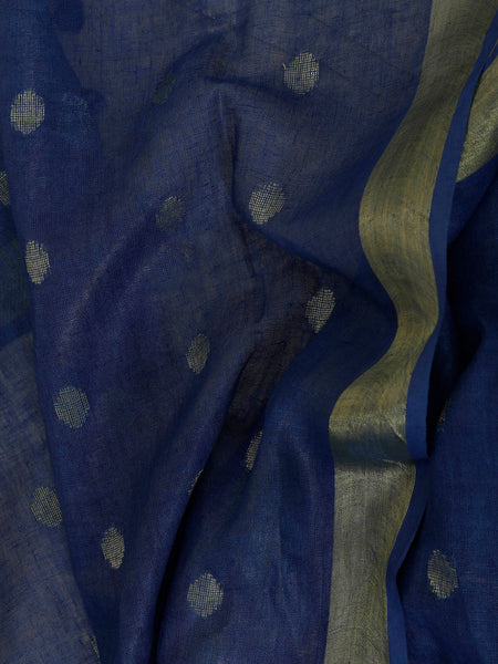 Bhagalpuri Handloom Linen Dupatta with Gold Weaving Motif (Blue) - View 4