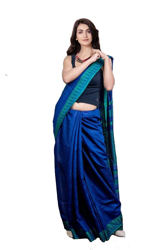 Klein Blue women's Bhagalpuri Handloom Kota Silk Temple Border Saree And Variation Of Colors With Striped Blouse Piece - View 7