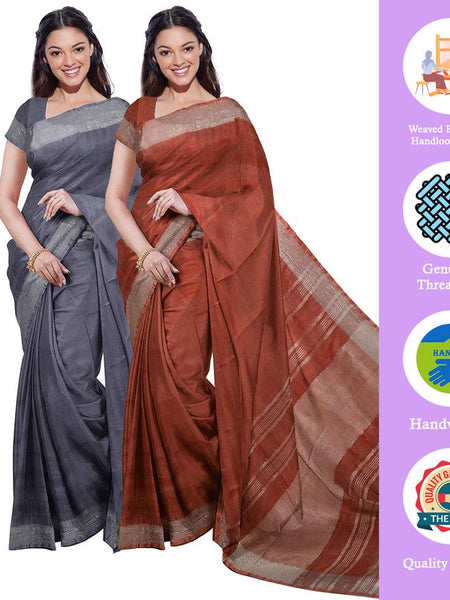 Grey & Sienna Orange women's Bhagalpuri Handloom Cotton-Linen Blend Saree Combo (Pack Of 2) With Running Unstiched Blouse Piece