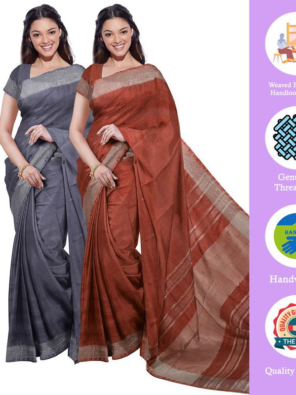 Grey & Sienna Orange women's Bhagalpuri Handloom Cotton-Linen Blend Saree Combo (Pack Of 2) With Running Unstiched Blouse Piece