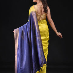 Tussar Munga Silk Handloom Zari Border Two Dye Bhagalpuri Saree (Egyptian_Blue & Canary _Yellow) - View 7
