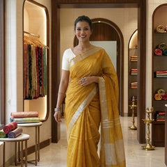 Handwoven Linen Blend Saree With Running Blouse Piece(Golden Yellow)