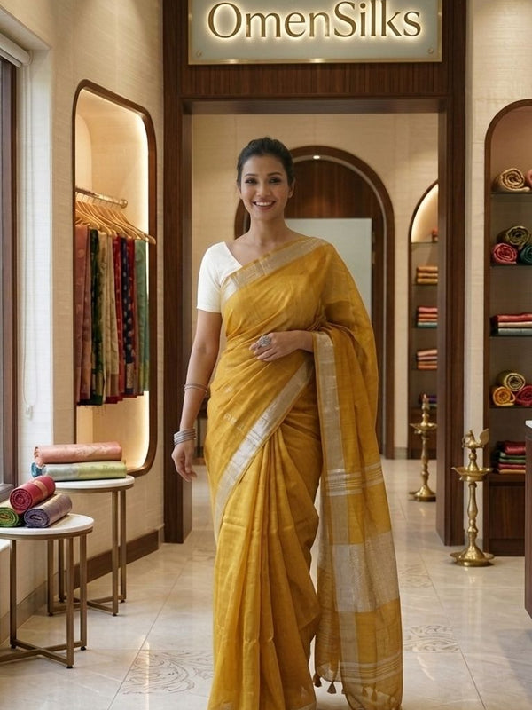 Handwoven Linen Blend Saree With Running Blouse Piece(Golden Yellow)