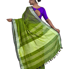 Parrot Green Bhagalpuri Handloom women's Linen Slub Blend Saree With Black Pipin Contrast Blouse Piece - View 3