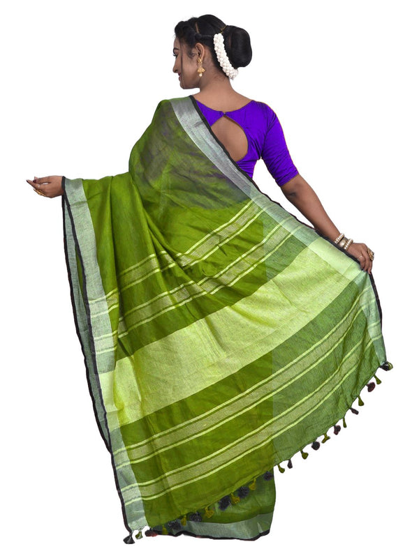 Parrot Green Bhagalpuri Handloom women's Linen Slub Blend Saree With Black Pipin Contrast Blouse Piece - View 3
