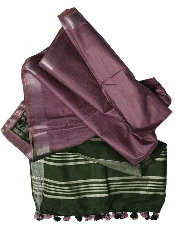 Hunter Green & Redwood Brown women's Ethnic Wear Bhagalpuri Handloom Linen Slub Blend Two Dye Saree With Running Unstitched Blouse Piece - View 7