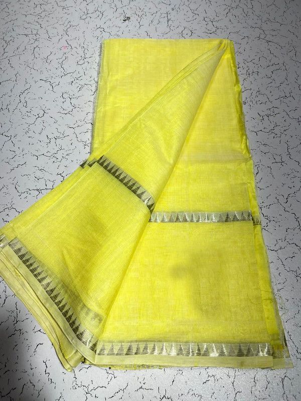 Cotton Handloom Mangalagiri Silk Saree with Temple Border (100202 Canary_Yellow)