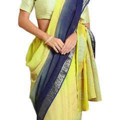 Chartreuse Yellow & Federal Blue women's Bhagalpuri Handloom Linen Cotton Blend Two Dye Saree With Running Unstitched Blouse Piece