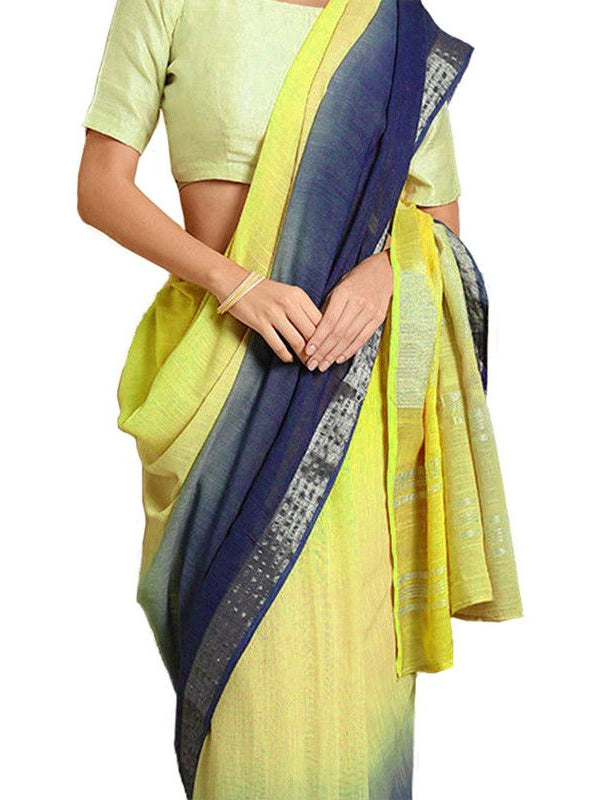 Chartreuse Yellow & Federal Blue women's Bhagalpuri Handloom Linen Cotton Blend Two Dye Saree With Running Unstitched Blouse Piece