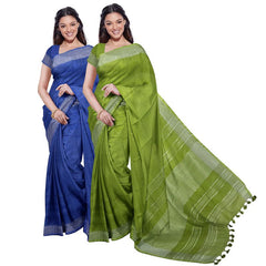 Cobalt Blue & Green women's Bhagalpuri Handloom Cotton-Linen Blend Saree Combo (Pack Of 2) With Running Unstiched Blouse Piece