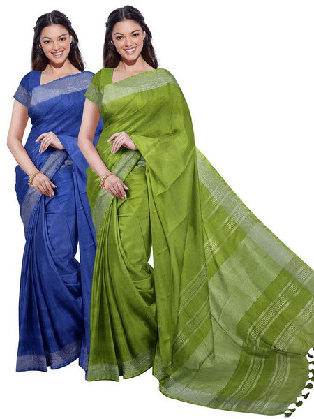 Cobalt Blue & Green women's Bhagalpuri Handloom Cotton-Linen Blend Saree Combo (Pack Of 2) With Running Unstiched Blouse Piece