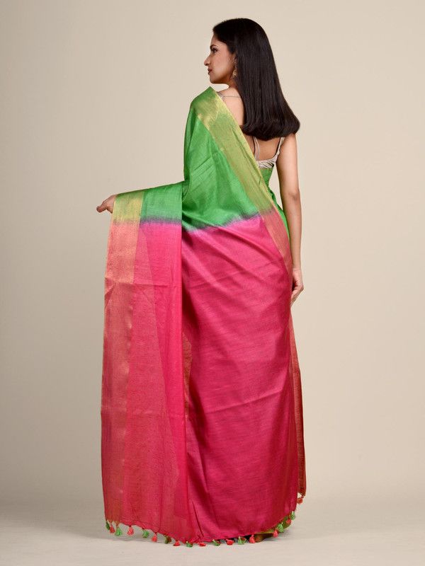 Handloom Tussar Munga Silk Two Dye Handloom Blend Saree (Kelly_Green & Cerise_Pink) - View 3