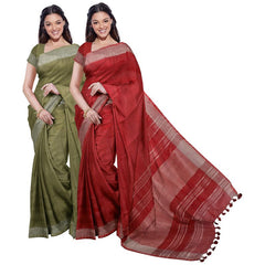 Moss Green & Red women's Bhagalpuri Handloom Cotton-Linen Blend Saree Combo (Pack Of 2) With Running Unstiched Blouse Piece