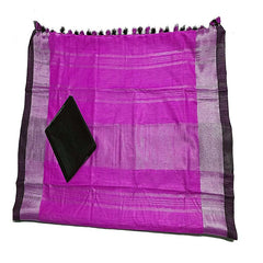 Magenta Bhagalpuri Handloom women's Linen Slub Blend Saree With Black Pipin Contrast Blouse Piece - View 2