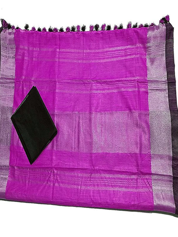 Magenta Bhagalpuri Handloom women's Linen Slub Blend Saree With Black Pipin Contrast Blouse Piece - View 2