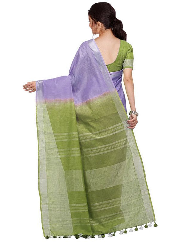 Pale Purple & Moss Green women's Handloom Bhagalpuri Linen Cotton Slub Blend Two Dye Saree With Running Unstitched Blouse Piece - View 5