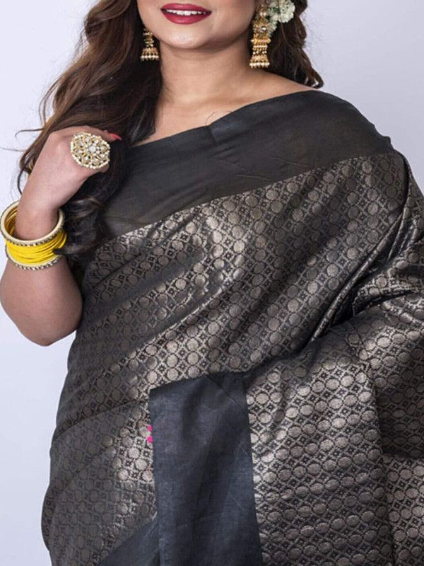Handloom Bhagalpuri Cotton Munga Silk Geometric Zari Weaving Designer Black Saree - View 3