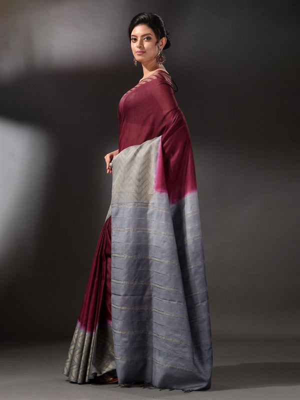 Semi Tussar Silk Handloom Two Dye Saree with Blouse Piece (Throns_Maroon & Troiet_Grey) - View 3