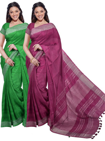 Pigment Green & Raspberry Pink women's Bhagalpuri Handloom Cotton-Linen Blend Saree Combo (Pack Of 2) With Running Unstiched Blouse Piece