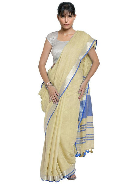 Ashamed Tan-Cyan women's Bhagalpuri Handloom Cotton Linen Blend Contrast Pallu Saree And Unstitched Contrast Blouse Piece