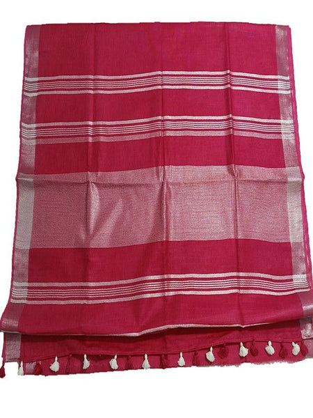 Cerise Red women's Bhagalpuri Linen Saree With Blouse Piece - View 2