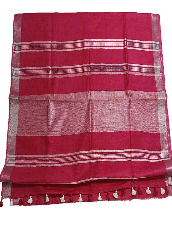 Cerise Red women's Bhagalpuri Linen Saree With Blouse Piece - View 2