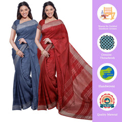 Lake Blue & Red women's Bhagalpuri Handloom Cotton-Linen Blend Saree Combo (Pack Of 2) With Running Unstiched Blouse Piece