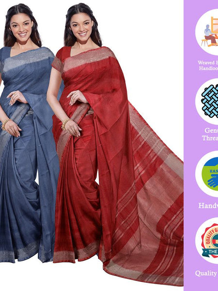 Lake Blue & Red women's Bhagalpuri Handloom Cotton-Linen Blend Saree Combo (Pack Of 2) With Running Unstiched Blouse Piece