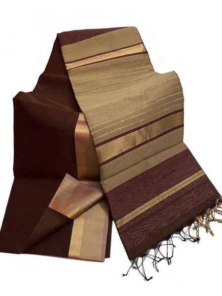 Bhagalpuri Cotton Tussar Silk Saree with Designed Border (Redwood Brown)