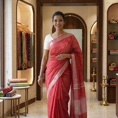 Handwoven Linen Blend Saree With Running Blouse Piece(Red) - View 3
