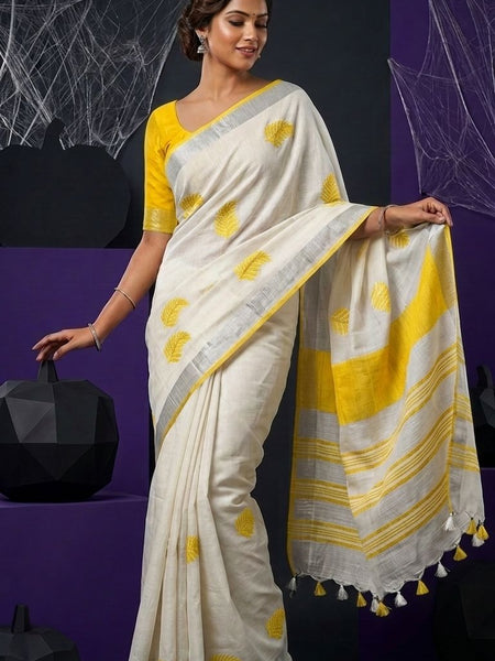 Handwoven Bhagalpuri Linen Blend Embroidered Saree With Contrast Blouse Piece(White_Yellow) - View 2