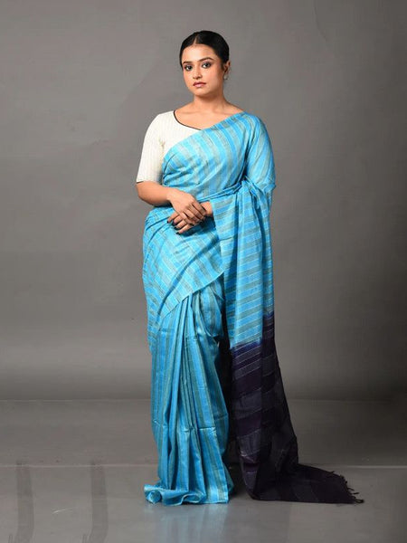 Handloom Semi Tussar Silk Bhagalpuri Two Dye Striped Saree (Cyan & Black)