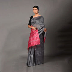 Women's Handloom Two Dye Jute Silk Striped Bhagalpuri Saree (Cerise_Pink & Grey) - View 3