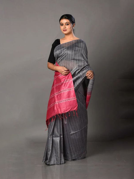 Women's Handloom Two Dye Jute Silk Striped Bhagalpuri Saree (Cerise_Pink & Grey) - View 3