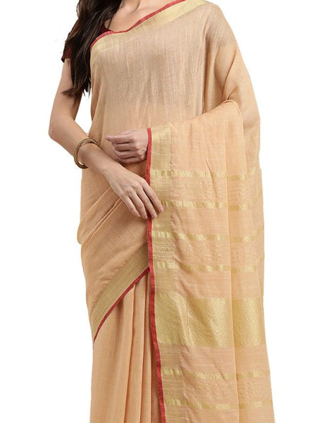 Champagne Beige women's Bhagalpuri Handloom Cotton Linen Blend Saree With Contrast Unstiched Striped Blouse Piece - View 4