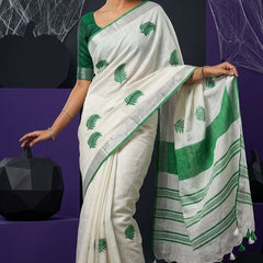 Handwoven Bhagalpuri Linen Blend Embroidered Saree With Contrast Blouse Piece(White and Bottle Green) - View 2