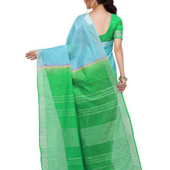 Cyan & Honerdew Green women's Bhagalpuri Handloom Linen Slub Blend Two Dye Saree With Running Unstitched Blouse Piece - View 3