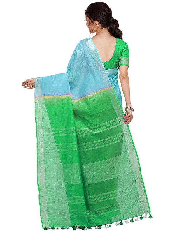 Cyan & Honerdew Green women's Bhagalpuri Handloom Linen Slub Blend Two Dye Saree With Running Unstitched Blouse Piece - View 3