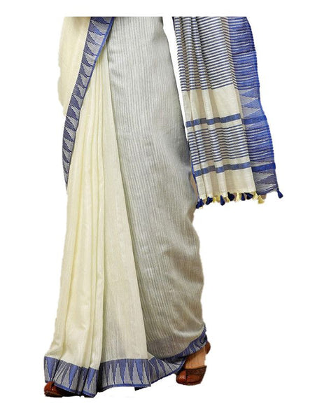 Off-White women's Bhagalpuri Handloom Kota Silk Temple Border Saree And Variation Of Colors With Striped Blouse Piece - View 4