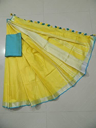 Yelllow-Cyan women's Handloom Bhagalpuri Cotton Linen Blend Saree Ethnic Wear With Contrast Unstitched Blouse Piece - View 6