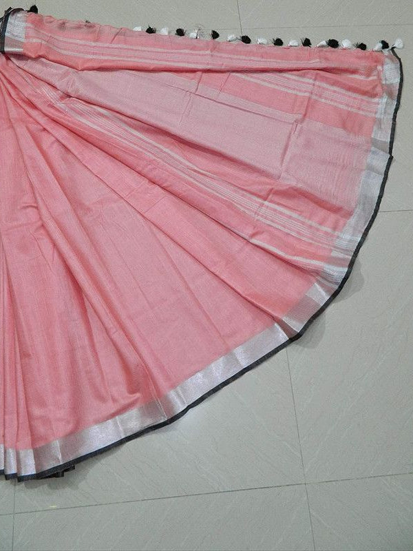 Pink-Black women's Handloom Bhagalpuri Cotton Linen Blend Saree Ethnic Wear With Contrast Unstitched Blouse Piece - View 5