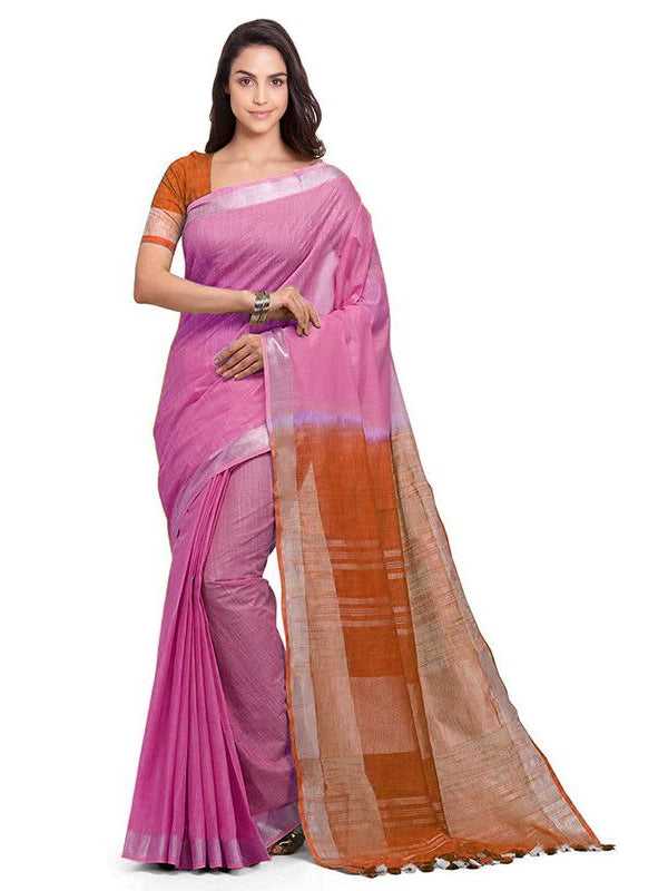 Neon Pink & Mohangni Orange women's Bhagalpuri Handloom Pure Cotton Two Dye Saree With Running Unstitched Blouse Piece