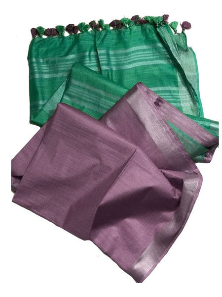 Mint Green & Rosy Brown Bhagalpuri women's Ethnic Wear Handloom Linen Cotton Blend Zari Border Two Dye Saree With Running Unstitched Blouse Piece - View 4