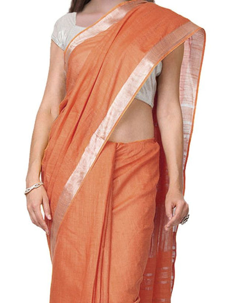 Carol Orange women's Handloom Bhagalpuri Cotton Linen Slub Blend Zari Border Saree Ethnic Wear With Running Unstitched Blouse Piece - View 3