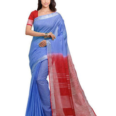 Web Blue & Red women's Handloom Bhagalpuri Cotton Linen Blend Two Dye Saree With Running Unstitched Blouse Piece